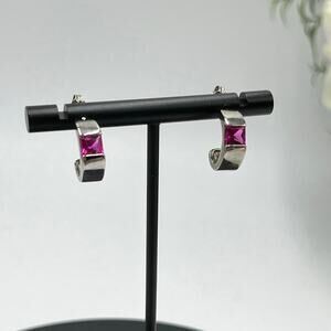 Château d'Argent (C^A) Sterling Silver‎ Huggie Half Hoop Earrings ? Lab Ruby